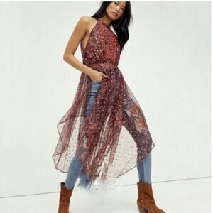 Free People Top Womens Size Small Red Ria Sleeveless Sheer Embroidered Boho Maxi